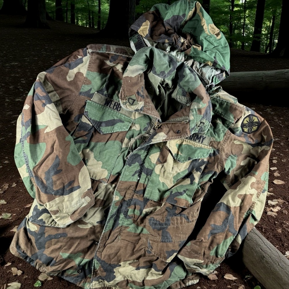 Vintage US Army Field Jacket M65 Men M‎ Woodland Camo Cold Hunting Lined Hooded